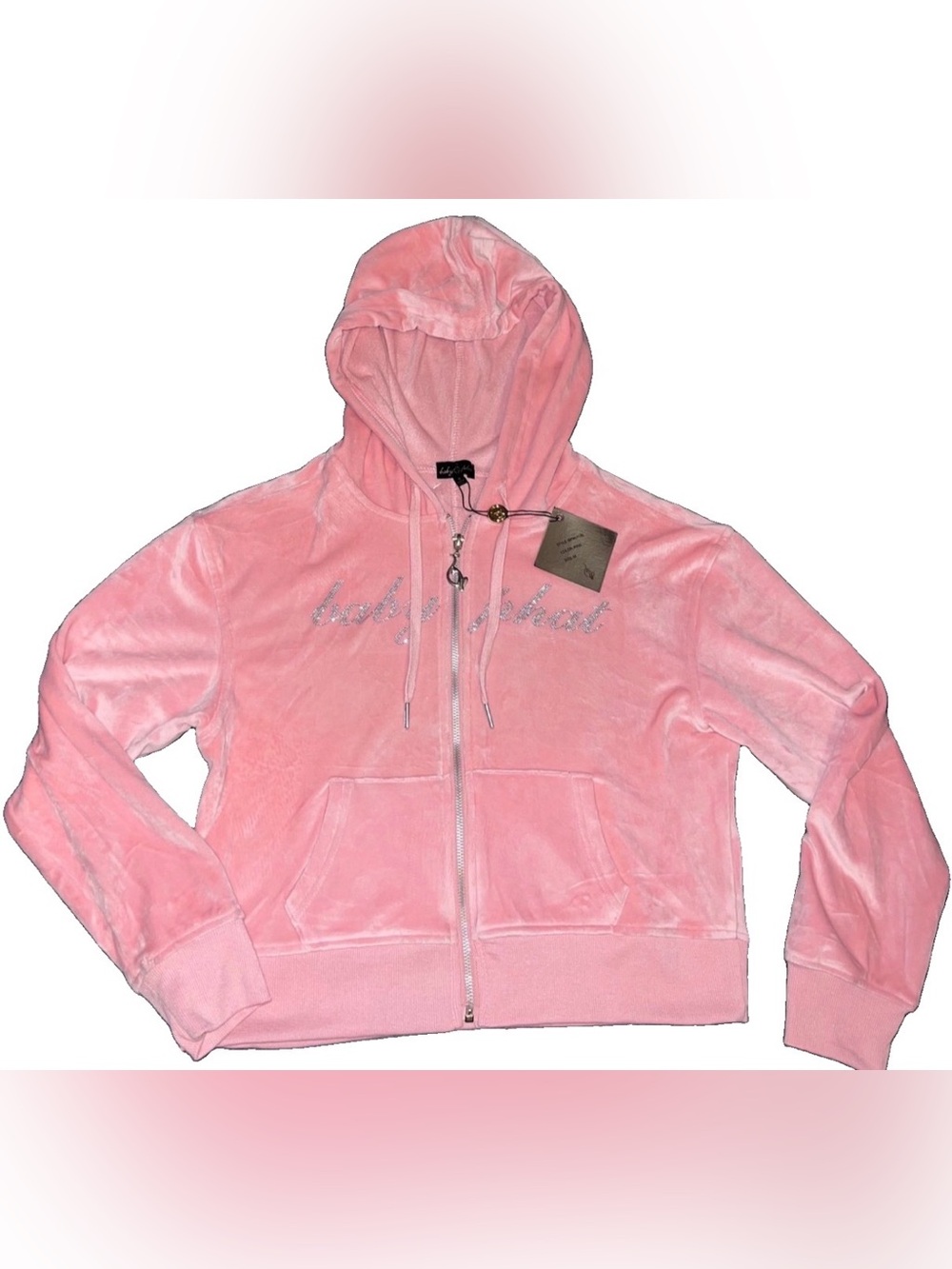 Baby Phat Pink Rhinestone Logo Soft Velvet Zip Up Hoodie Women’s Y2K Bling